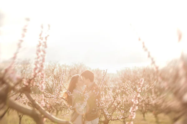 桃の花の庭園で日没の愛の幸せなカップル 男は若い女性 優しさと情熱を持ってキスの前に立っている ロマンチックなデート 週末に町の恋人新婚旅行 — ストック写真