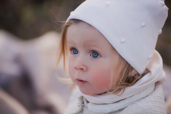 Very Close Portrait Little Blonde Girl Blue Eyes White Cap — Stock Photo, Image