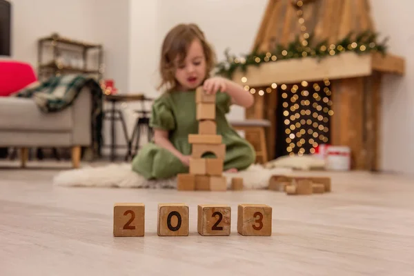 Wooden Cubes Numbers 2023 Stand Floor Row Background Blurred Happy — Fotografia de Stock