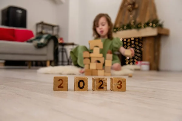 Wooden Cubes Numbers 2023 Stand Floor Row Background Blurred Happy — Fotografia de Stock