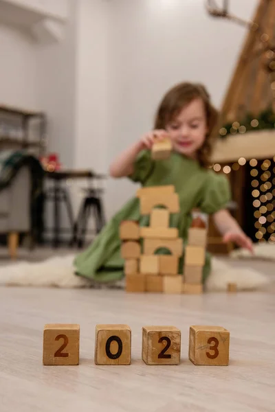 Wooden Cubes Numbers 2023 Stand Floor Row Background Blurred Happy — Fotografia de Stock