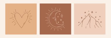 Boho mistik karalama esrarengiz set. İçinde ay, dağ, kalp olan sihirli çizgi sanat posteri. Bohem modern vektör illüstrasyonu