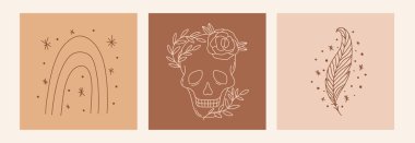 Boho mistik karalama esrarengiz set. Gökkuşağı, kafatası, tüy ve yıldızlı sihirli çizgi sanat posteri. Bohem modern vektör illüstrasyonu