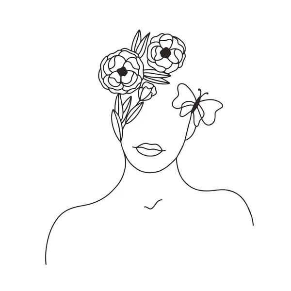 Žena Tvář Tělo Květiny Kontinuální Line Art Abstraktní Soudobá Koláž — Stockový vektor