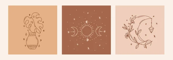 Boho神秘的涂鸦深奥的设置 魔线艺术海报与月亮 月亮相位 波希米亚现代矢量图解 — 图库矢量图片