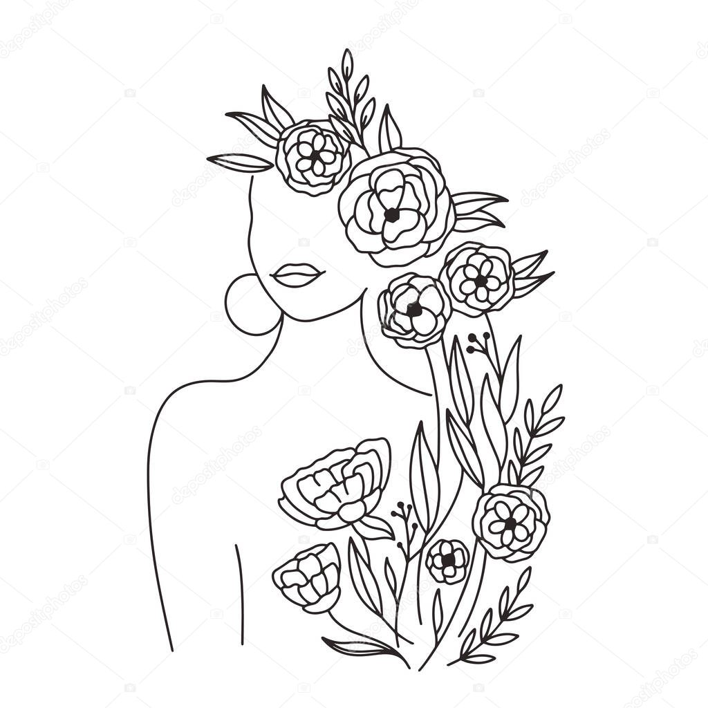 Woman Face and body and flowers continuous Line art. Abstract Co