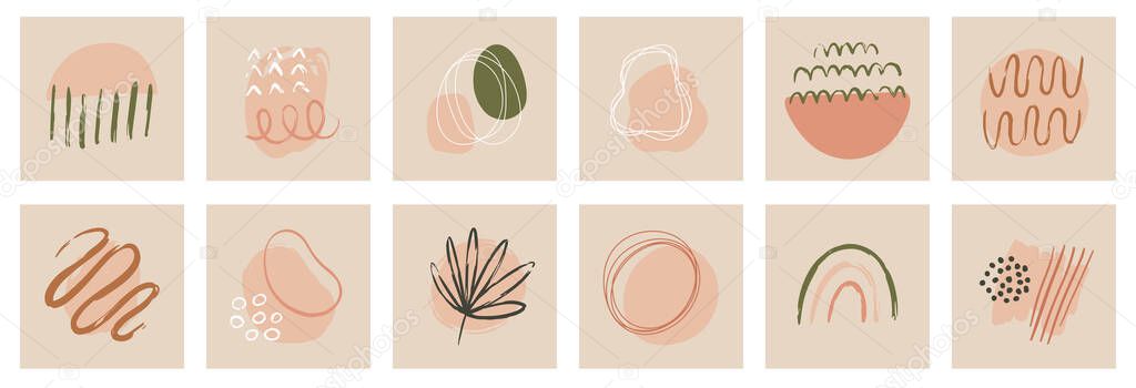 Contemporary templates with organic abstract shapes and line in retro colors. Pastel boho background in minimalist mid century style vector Illustration