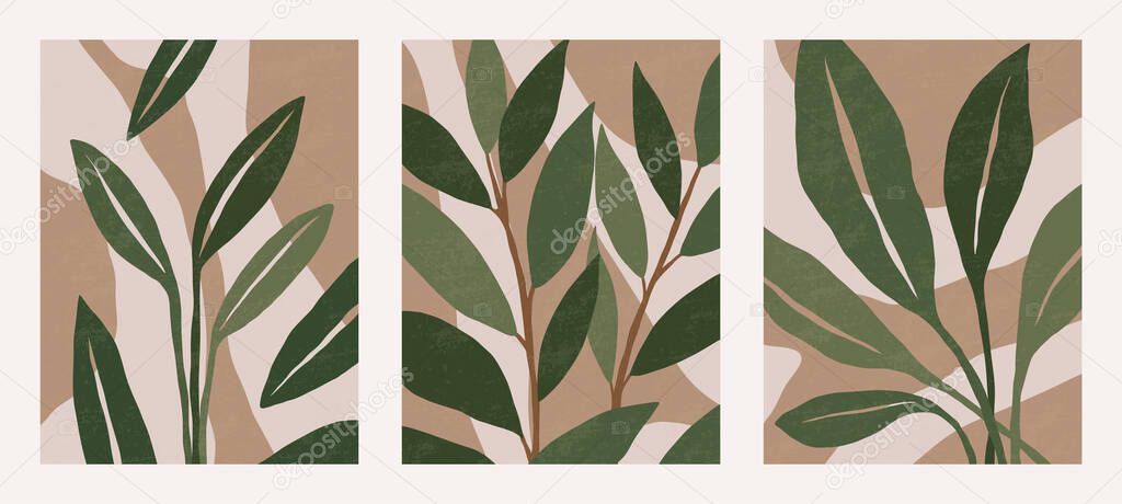 Set of Botanical contemporary wall art poster. Tropical Foliage line art drawing with abstract shape.Boho Abstract Plant Art design for print, cover, wallpaper,Mid century Minimal and natural wall art. Vector illustration
