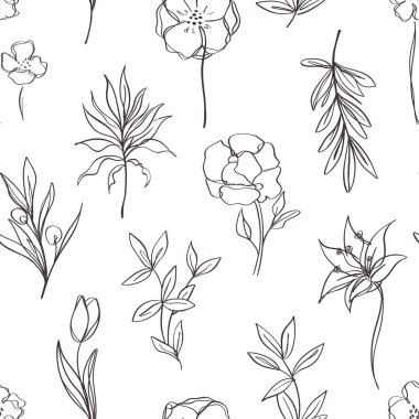 Estetik Çağdaş, dikişsiz desen, soyut, zarif çizgi çiçeği ve siyah ve beyaz yapraklı desen. Minimalist orta yüzyıl biçim vektöründe Boho arkaplanı
