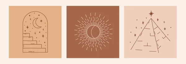 ボホ神秘的なドアの謎のセット アーチ ピラミッド 太陽と星と魔法のラインアートポスター ボヘミアンモダンなベクトルイラスト — ストックベクタ