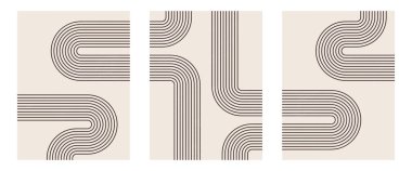Organik doğal şekilli orta çağ modern minimalist sanat baskısı. Bej üzerine asgari geometrik siyah çizgi olan soyut çağdaş estetik arka plan. Boho duvar dekoru.