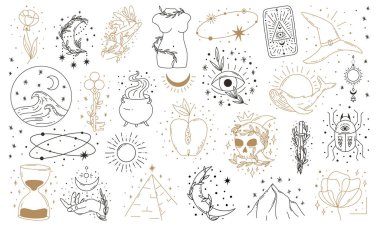 Boho mistik karalama esrarengiz set. Tarot kartlı, cadı şapkalı, kazanlı sihirli çizgi sanat posteri. Bohem modern vektör illüstrasyonu