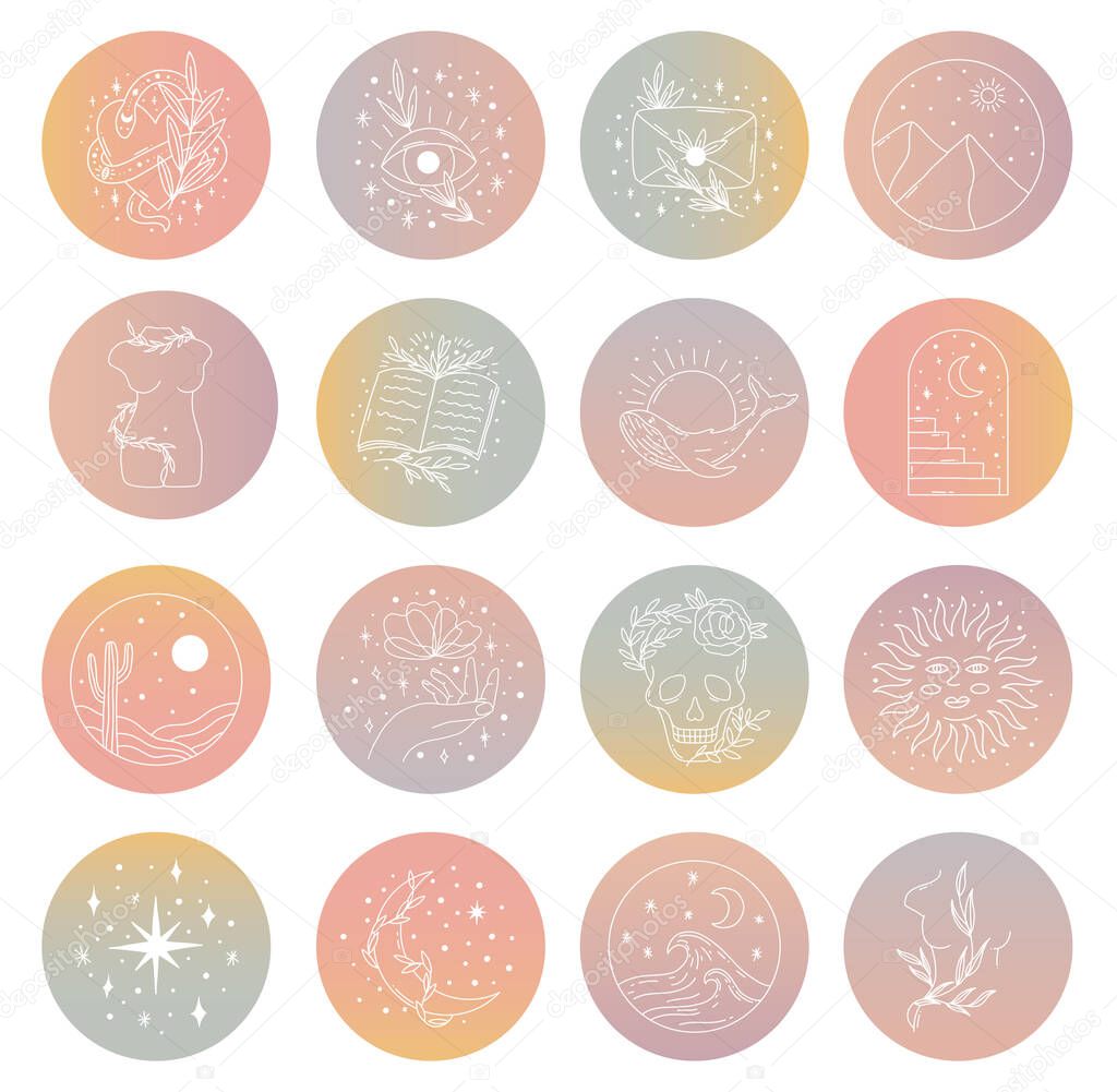 Big set of contemporary magic highlight covers. Abstract boho aesthetic backgrounds.Mid century various shapes, lines. Hand drawn template for social media stories.