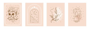 Set of Mid century modern minimalist art print with organic natural shape. Abstract contemporary aesthetic background with geometric moon, skull, arch, woman body, vase, monstera. Boho wall decor.