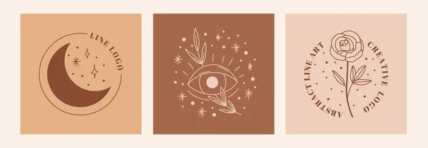 Boho Mystic Doodle Esoteric Set Magic Line Art Poster Moon — 图库矢量图片