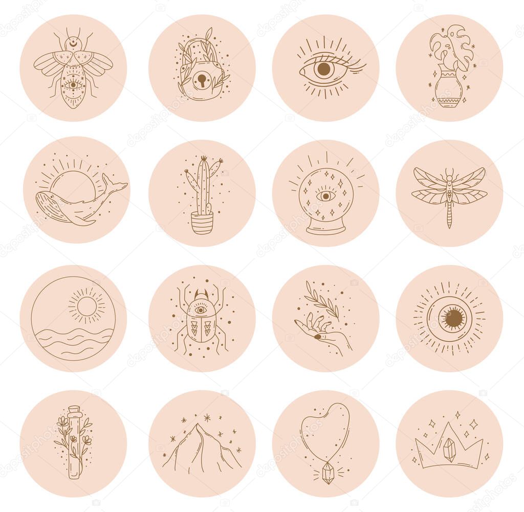 Big set of contemporary vector highlight covers. Abstract boho backgrounds.Mid century mystic doodle esoteric elements. Hand drawn templates. Round icons for social media stories.