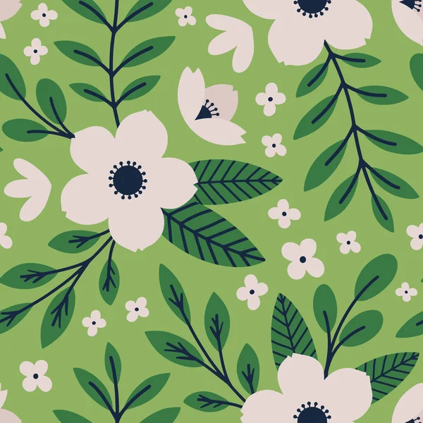 Aesthetic Contemporary printable seamless pattern with Spring botanical print design. Decorative chamomile, flowers and leaves. Pastel boho background in minimalist mid century style for fabric, wallpaper or wrapping.