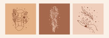 Boho mistik karalama esrarengiz set. Ay, el ve çiçekli sihirli çizgi sanat posteri. Bohem modern vektör illüstrasyonu