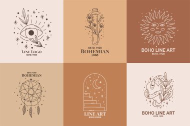 Boho mystic doodle esoteric logo set. Magic line art icon with eye, poison, sun, dreamcatcher, arch, stairs, hear, snake
