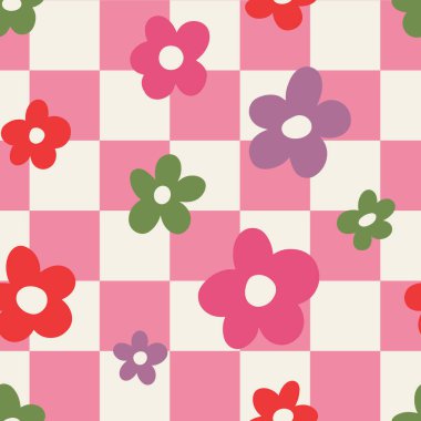 Aesthetic Contemporary printable seamless pattern with retro groovy flowers. Decorative Naive 60's, 70's style Vintage boho background in minimalist mid century style for fabric, wallpaper or wrapping