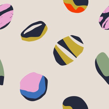 El çizimleri, benekler, noktalar ve dokuları olan soyut, çağdaş, pürüzsüz desenler. Canlı boho baskısı. Modern kolaj vektör illüstrasyonu