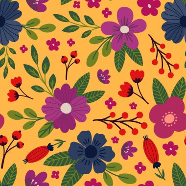 Bahar botanik desenli, modern, basılabilir, dikişsiz desen. Süslü papatya çayı, çiçekler ve yapraklar. Kumaş, duvar kâğıdı veya ambalaj için minimalist orta çağ tarzında Pastel boho arkaplanı.