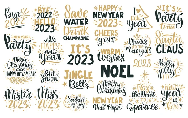Merry Christmas Happy New Year Lettering Winter Holiday Greeting Card — Vector de stock
