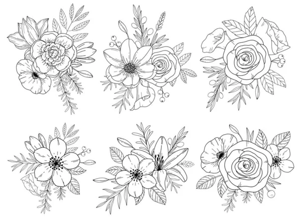Set Abstract Elegant Line Art Flower Leaf Wreath Continuous Boho — ストックベクタ