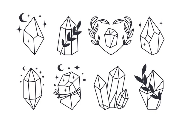 Set Mystical Line Art Esoteric Crystals Gem Stones Diamonds Jewelry — Vetor de Stock