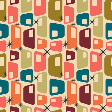 Aesthetic mid century printable seamless pattern with retro design. Decorative 50`s, 60's, 70's style Vintage modern background in minimalist mid century style for fabric, wallpaper or wrapping