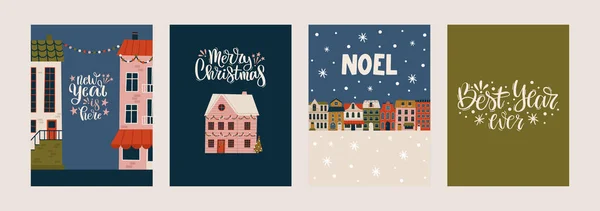 Feliz Natal Feliz Ano Novo Conjunto Cartões Cartazes Com Várias — Vetor de Stock
