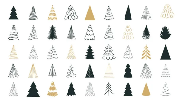 Conjunto Desenhado Mão Árvores Arte Linha Natal Ano Novo Ilustração — Vetor de Stock