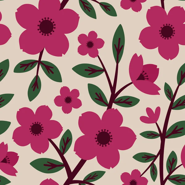 Aesthetic Contemporary printable seamless pattern with Spring botanical print design. Decorative chamomile, flowers and leaves. Pastel boho background in minimalist mid century style for fabric, wallpaper or wrapping.
