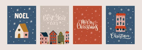 Feliz Natal Feliz Ano Novo Conjunto Cartões Cartazes Com Várias — Vetor de Stock