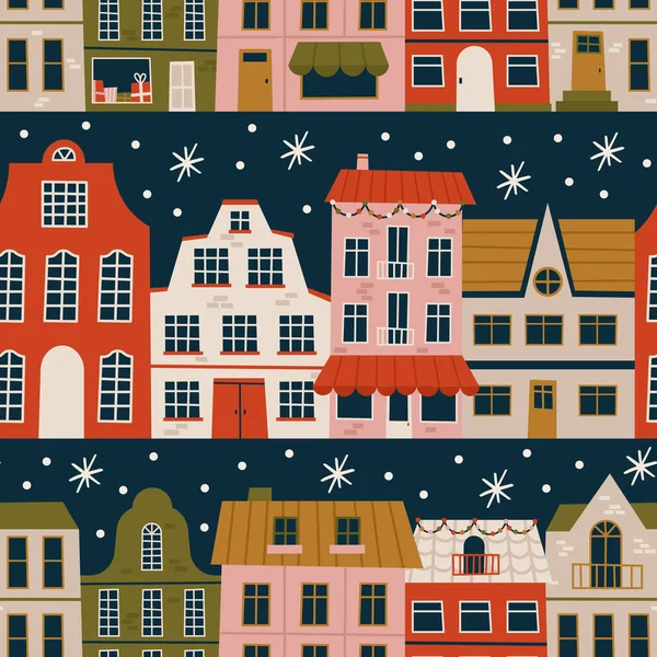 Счастливого Рождества Нового Года Печати Узор Различными Крошечными Домами Современные — стоковый вектор