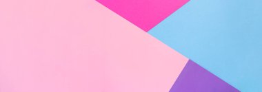 Pembe, mor, menekşe ve açık mavi kağıtlı pankart. Geometrik şekiller, şekiller, çizgiler. Çok renkli, soyut düz yatak. Okul konseptine geri dönelim. Boşluğu kopyala, üst görünüm.