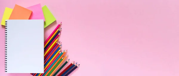 Notebook Stickers Many Colorful Pencils Banner Copy Space Light Colorful — Stockfoto