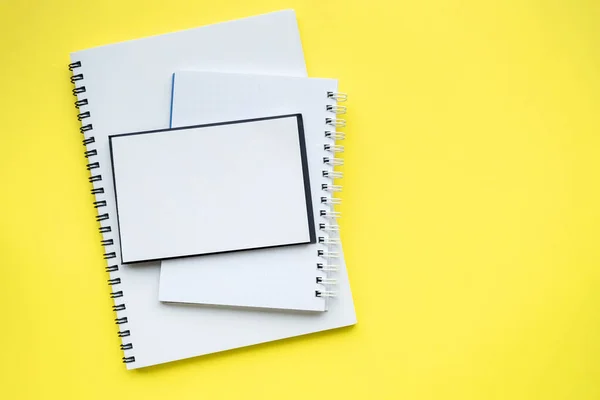 Stack Blocks Notebooks Spiral Bright Yellow Background Copy Space Top — Stockfoto