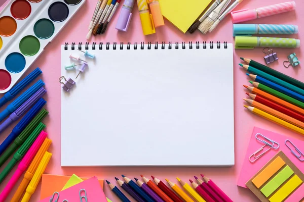 Notebook Spiral Middle Stationery Supplies Pencils Felt Tip Pens Paints — Foto de Stock