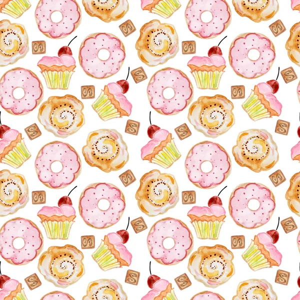  Donutlar, kekler ve çöreklerle kusursuz desen. Elementler elle suluboya ile boyanır, kumaş, peçete, kağıt, mutfak dekorasyonu, fast food dekorları ve ev yemekleri üzerine baskı için..