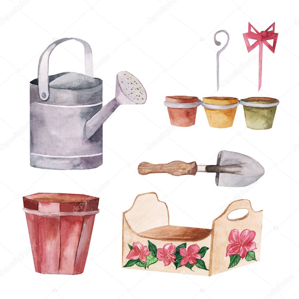 set of garden tools for caring for plants in a greenhouse or farm,clay pots,shovel,wooden box,suspensions. Watercolor illustrations, hand-drawn, for stickers, seasonal advertising, spring,summer decor
