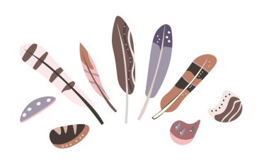 Doğal kahverengi ve mor tonlarda taşıyıcı kuş tüyleri ve taşlar, dalga ve zerrelerle. Vahşi ormandan nesnelerin koleksiyonu, tasarım kalıpları için elementler, giysiler.