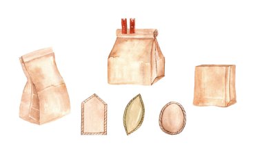 Watercolor illustrations of paper bags, closed and open, for food, dry herbal preparations, coffee, perfumery, labels of various shapes with embossing. Hand drawn for food packaging design, eco theme.
