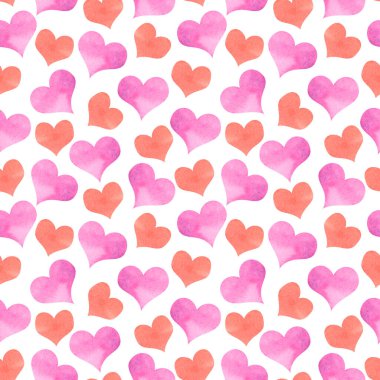 Pembe suluboya lekeli sevimli kalp deseni. Kusursuz romantik dokular. El çizimi, Sevgililer Günü dekorasyonu, romantik randevular, tebrik kartları, ambalaj kağıtları