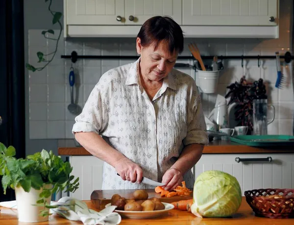 Nourriture Maison Saine Vie Des Personnes Âgées Pensionné Dans Cuisine Photo De Stock