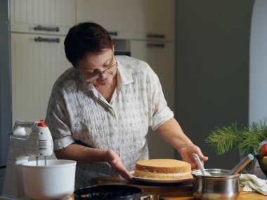 Yaşlı kadın sevdiği şeyle meşgul, ev yapımı pasta yapıyor. Ev tatiline hazırlanıyorum. Ev yapımı sağlıklı yiyecekler. Hobi.