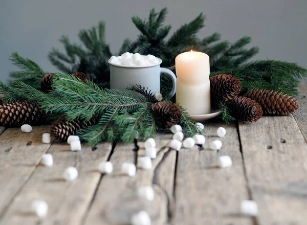 Proces Zdobení Domu Vánocům Jedlová Větev Mini Marshmallows Hrnku Kakaem — Stock fotografie