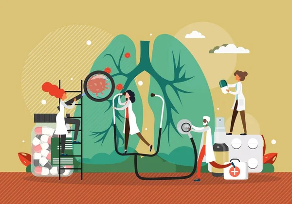 Dokter memeriksa paru-paru pasien, ilustrasi vektor. Diagnosis penyakit pernapasan, pengobatan. Diagnostik pulmoner. - Stok Vektor