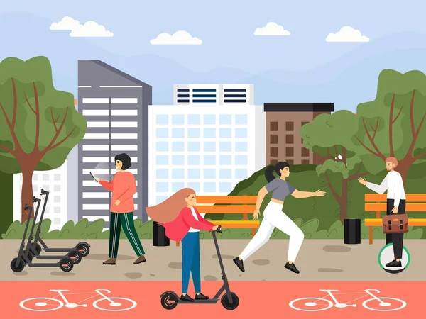 人们骑电动车，在城市公园里跑步，病媒图解。积极和健康的生活方式。生态交通. — 图库矢量图片