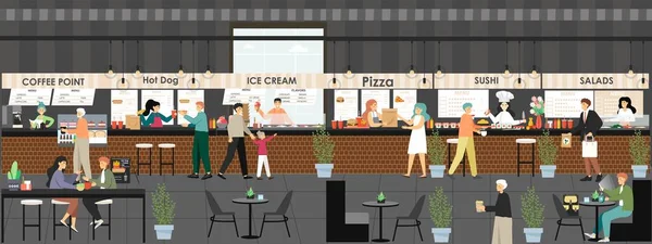 Marktplatz Einkaufszentrum Food Court Restaurants. Menschen kaufen Kaffee, Fast Food, Eis, Vektorillustration. — Stockvektor